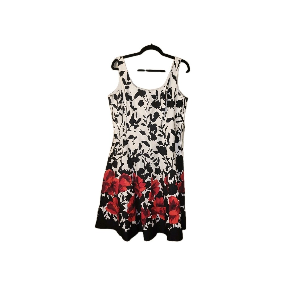 Jessica Howard Floral Fit & Flare Dress Size 14 Black White Red Sleeveless Midi